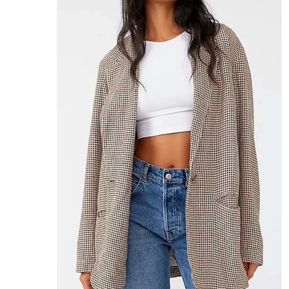 Free People Houndstooth linen Blazer in Brown and Cream $168 - Picture 8 of 10